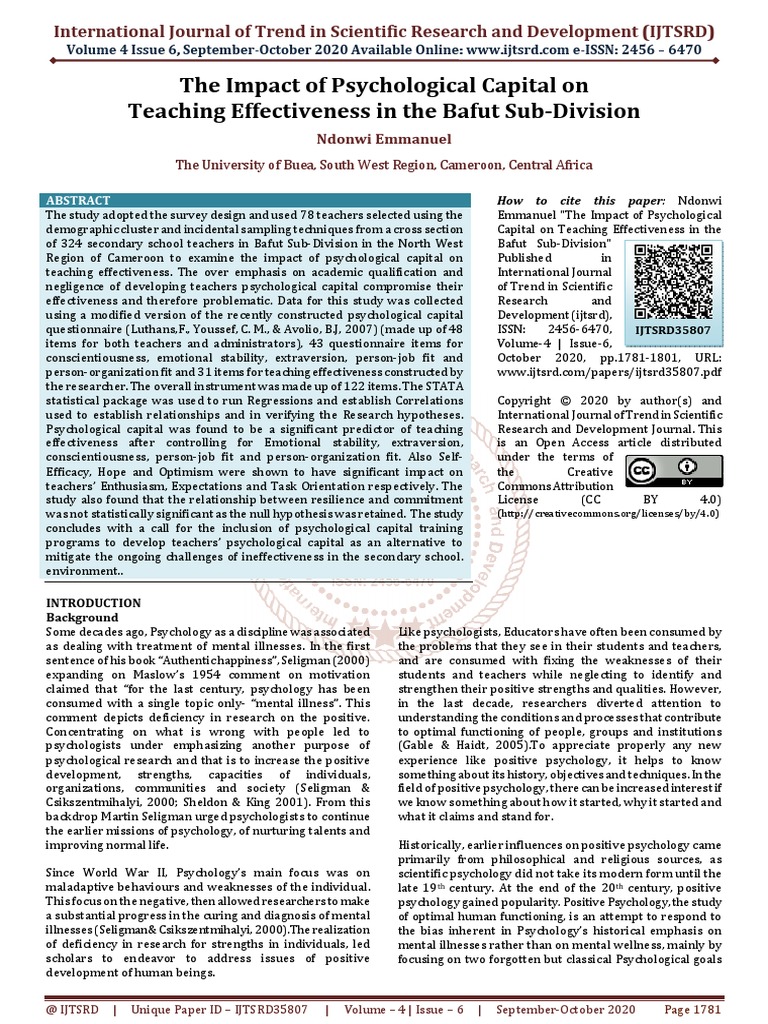 The Impact of Psychological Capital On Teaching Effectiveness in The ...