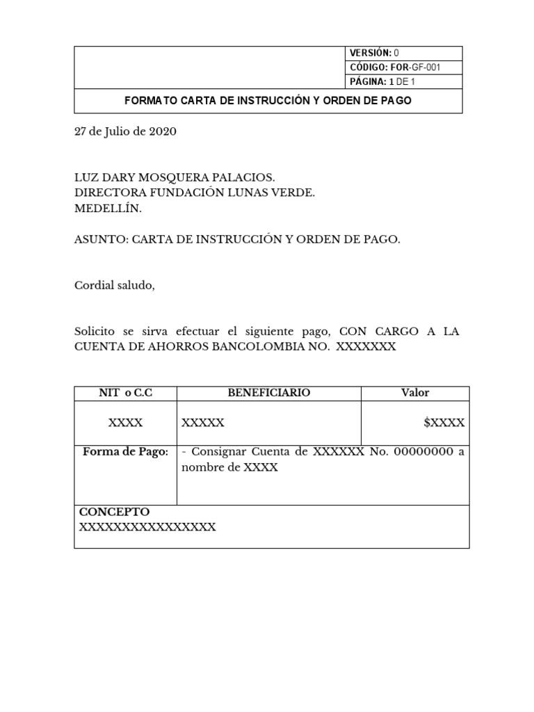 de Carta de Instruccion y Orden