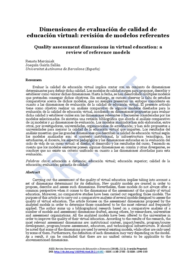 Dimensiones de Evaluación de Calidad de Educación Virtual: Revisión de ...