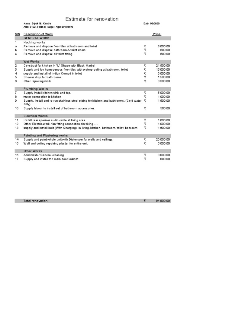 Renovation Quotation Template in | PDF | Bathroom | Sink