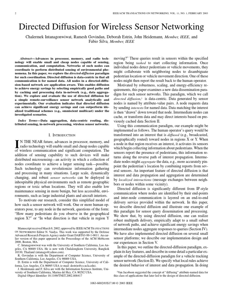 Directed Diffusion For Wireless Sensor Networking | PDF | Wireless ...