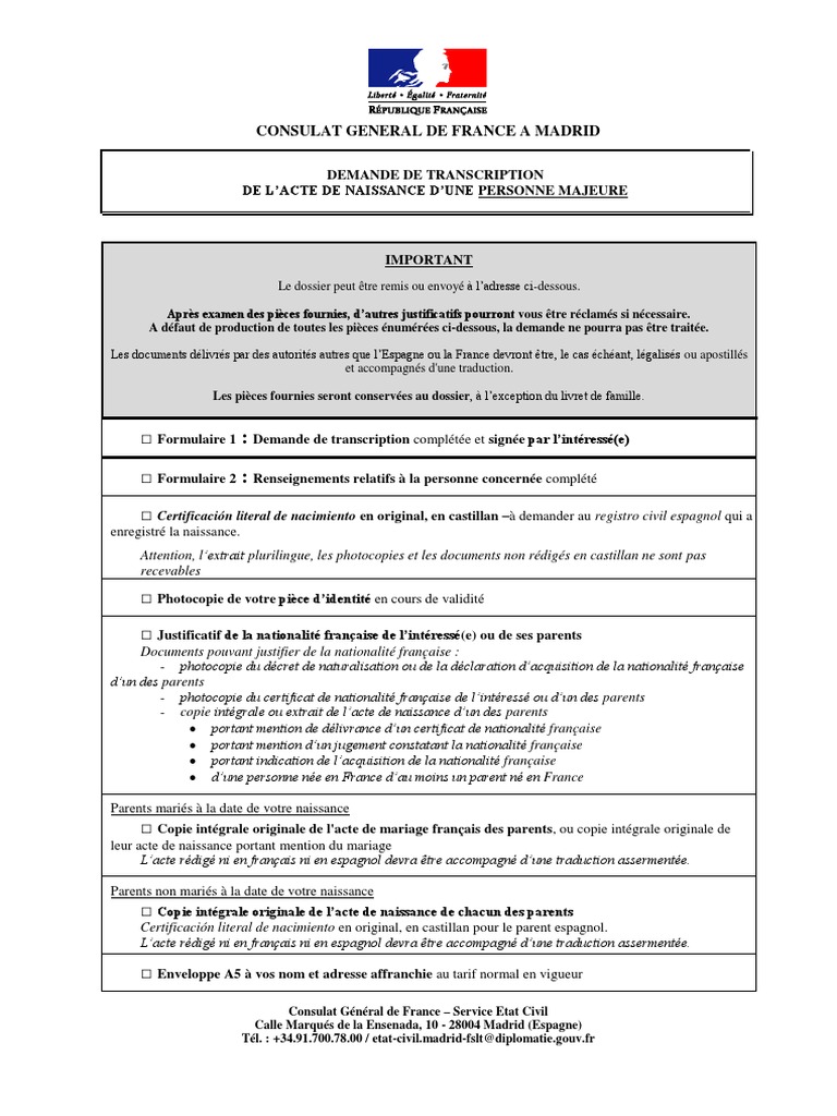 Télécharger Un Modèle D Acte De Mariage Plurilingue Gratuit Demande de Transcription de Naissance - Personne Majeure-2 | PDF |  Certificat de naissance | Communication écrite