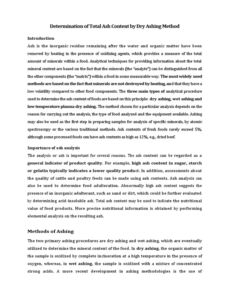 Total Ash Content by Dry Ashing Method | PDF | Combustion | Foods
