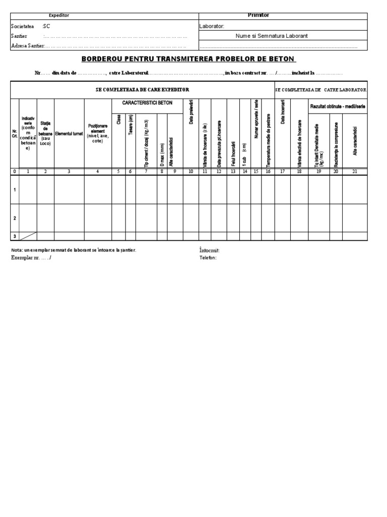 25 Borderou Transmitere Probe Beton | PDF