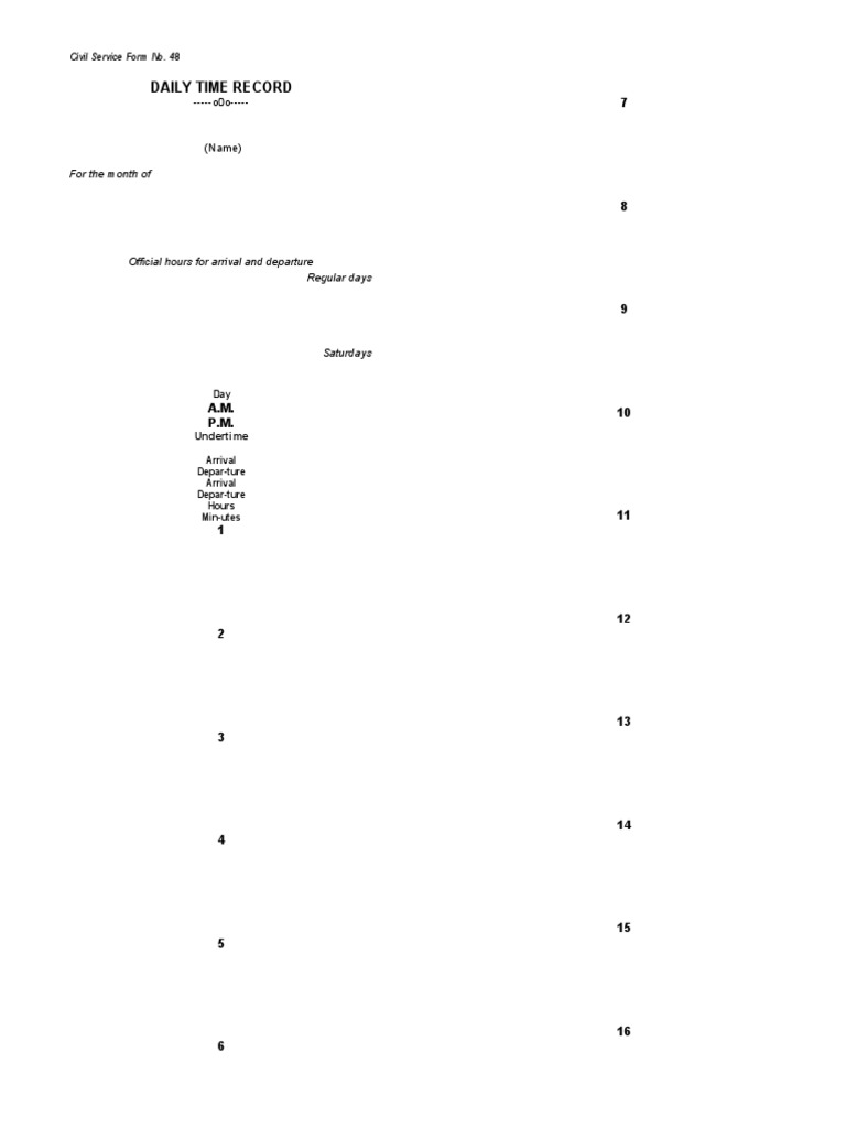 Daily Time Record: For The Month of | PDF