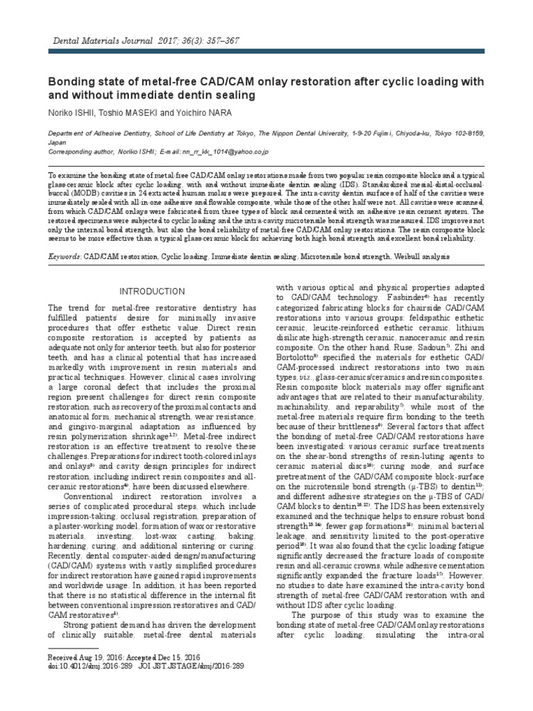 Bonding State of Metal-Free CAD:CAM Onlay Restoration After Cyclic ...