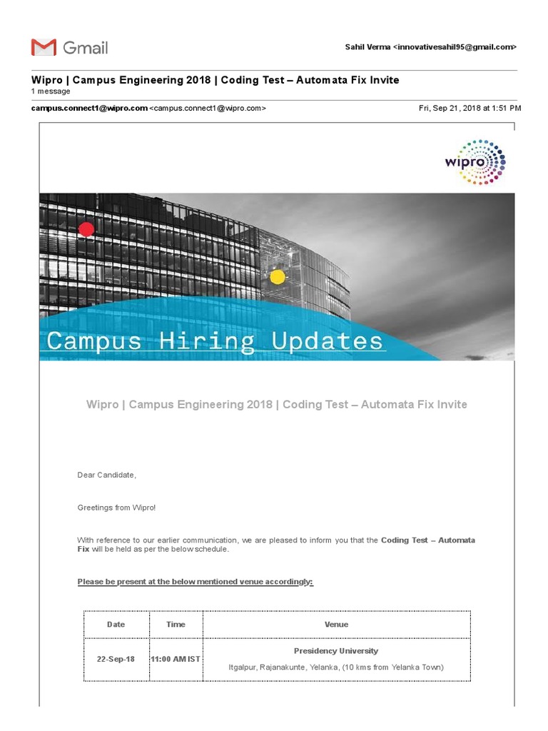 Wipro 2018 Campus Coding Test Invite | PDF | Computer Virus | Cyberspace