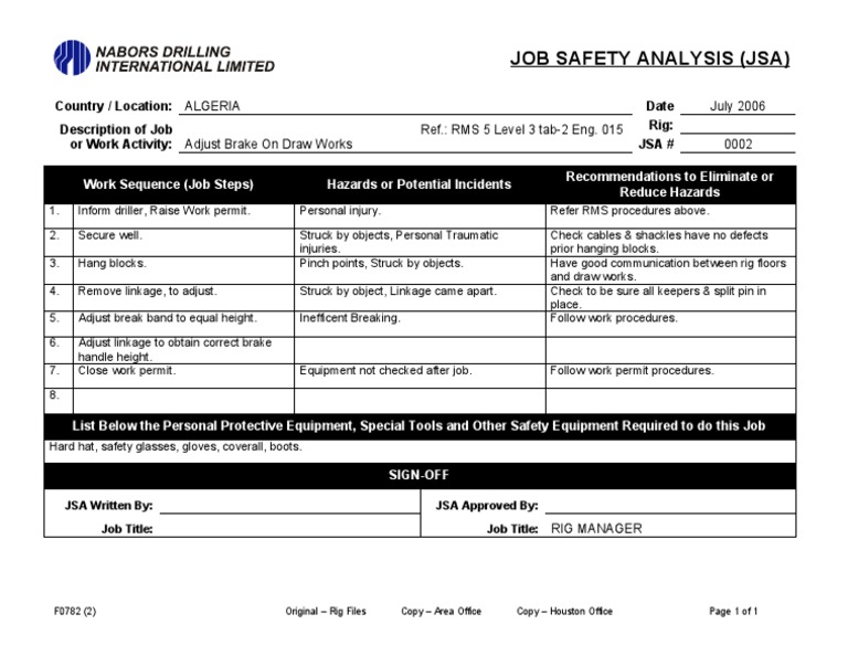 Job Safety Analysis for Brake Adjustment | PDF | Prevention | Safety