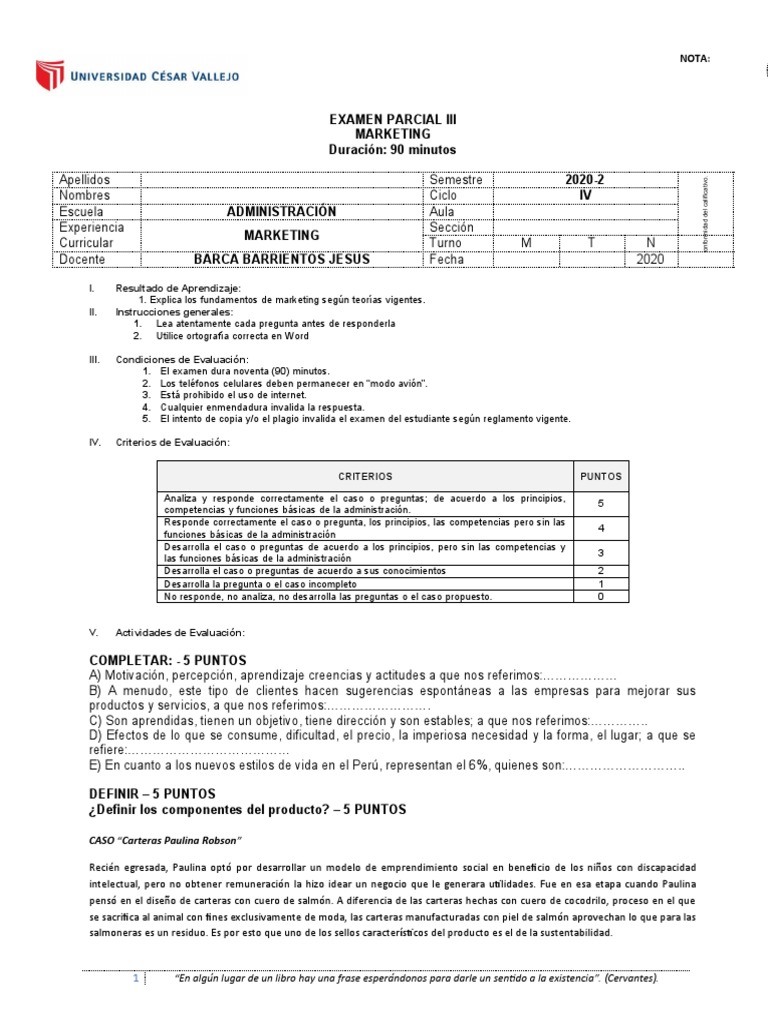 Examen Parcial de Marketing 2020-2 | PDF | Prueba (evaluación) | Marketing