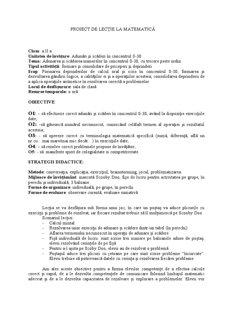 1 Proiect Didactic La Matematica | PDF