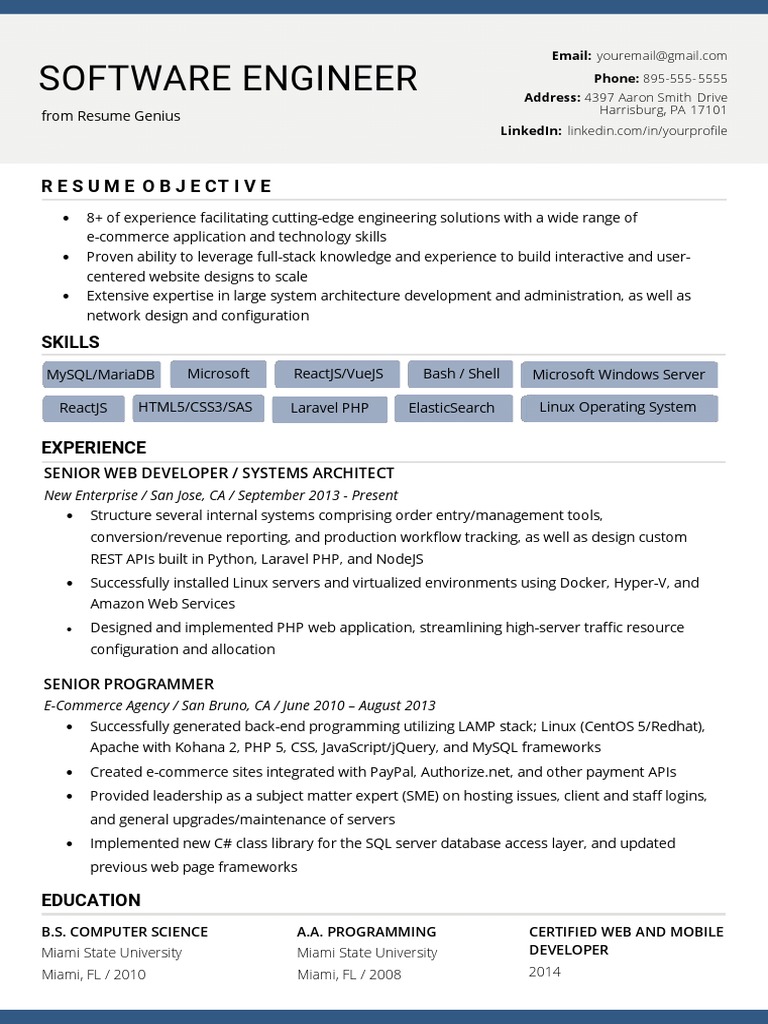Senior Software Engineer Resume Template | PDF | Php | Computing