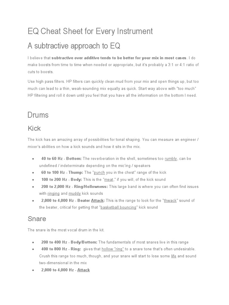 EQ Cheat Sheet For Every Instrument PDF Double Bass Equalization