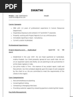 Swathi Resume For HR Executive/Recruiter Position