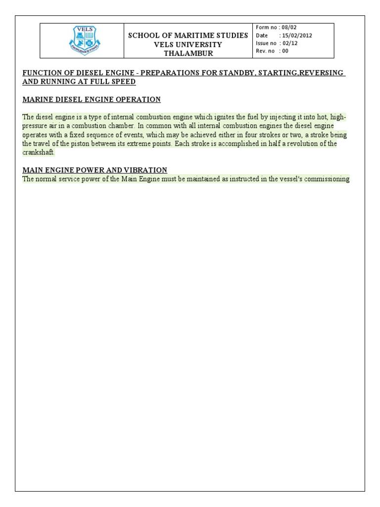 Diesel Engine Operation Procedures | PDF | Diesel Engine | Marine ...