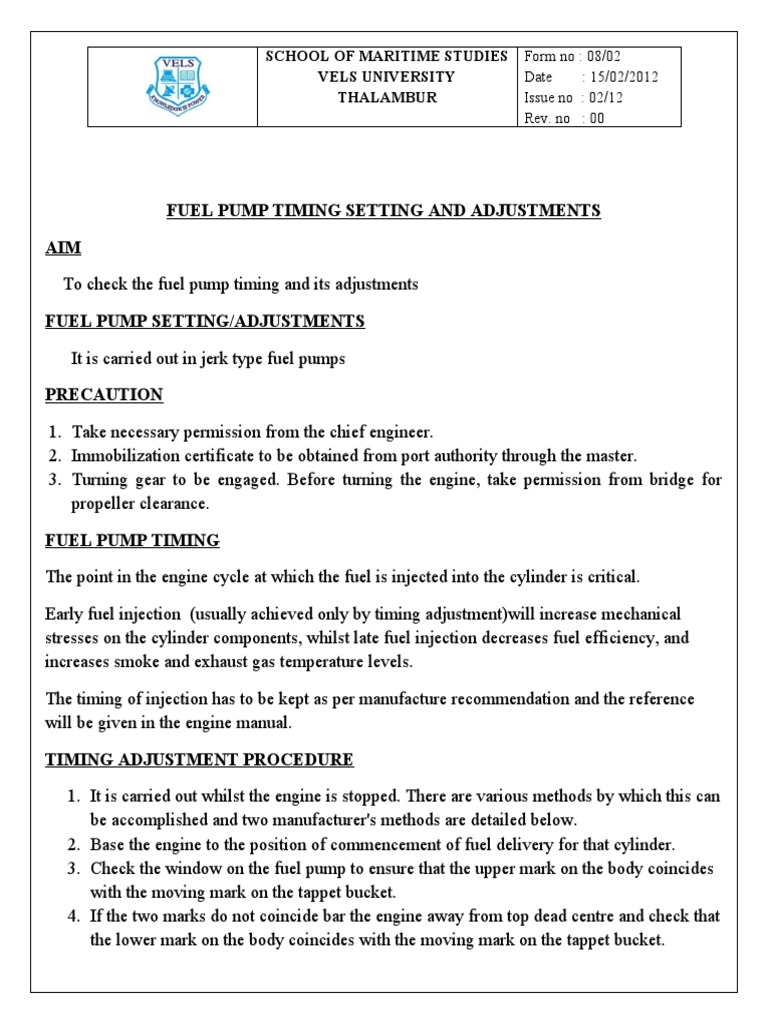 Ex 2 Fuel Pump Timing Setting And Adjustment Pdf Fuel Injection Pump