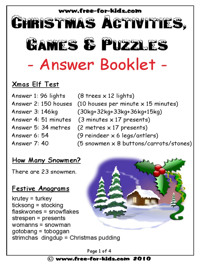 Answers To Christmas Activities and Puzzles PDF | PDF | Folk Saints | Seasonal Traditions for Free Printable Christmas Puzzles For Adults With Answers