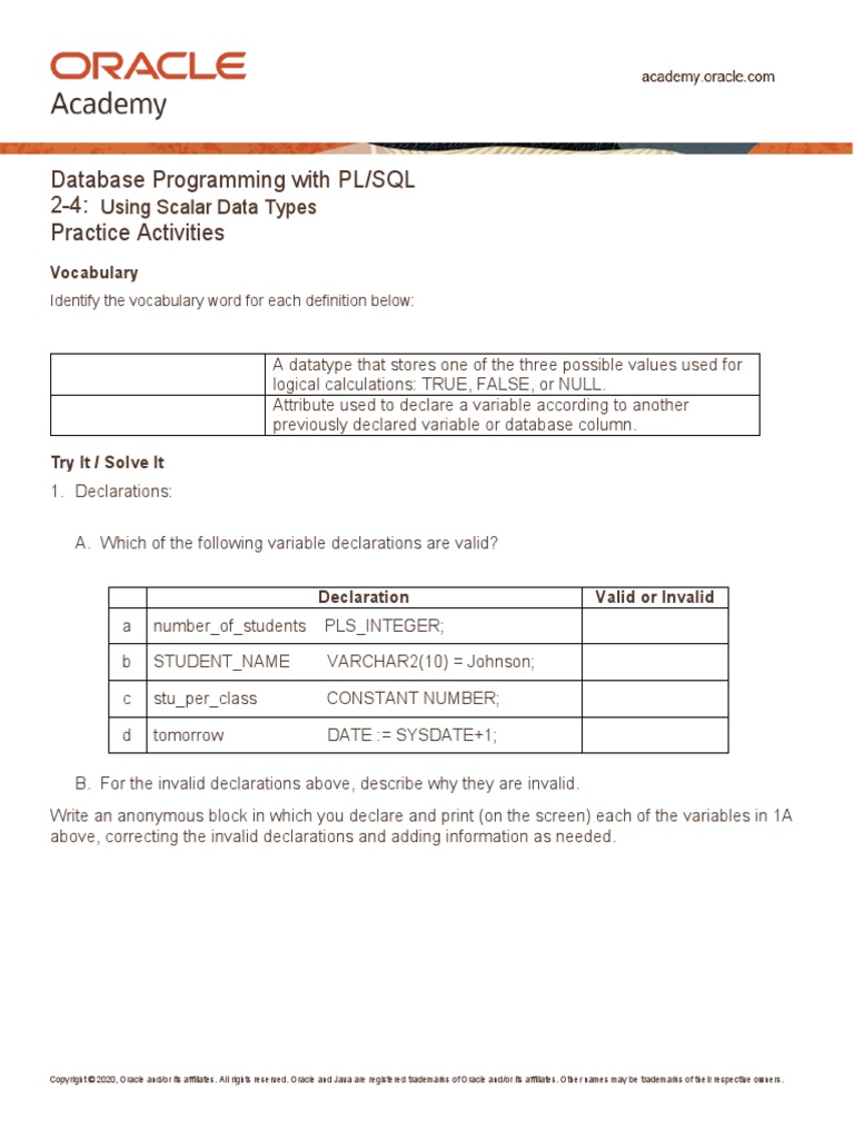 Database Programming With PL/SQL 2-4: Practice Activities: Using Scalar ...
