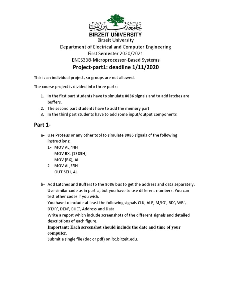 ENCS338 Microprocessor Project Part 1 | PDF