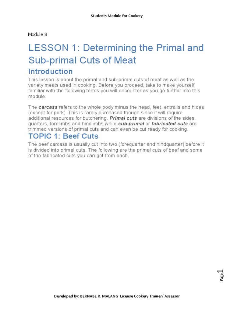 LESSON 1: Determining The Primal and Sub-Primal Cuts of Meat | PDF ...