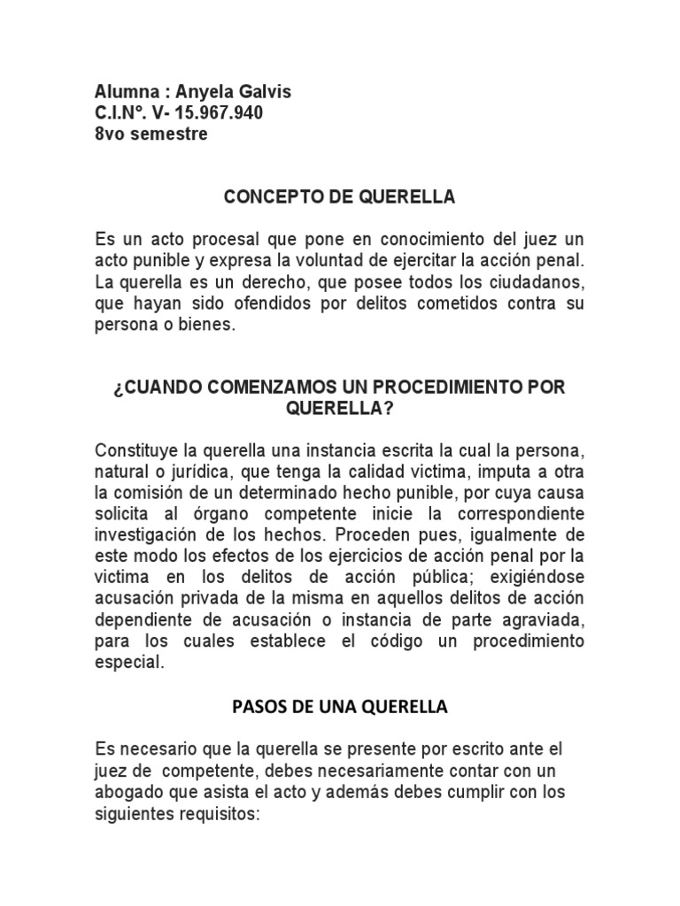 Procedimientos Legales: Querella y Denuncia | PDF | Queja | Información ...