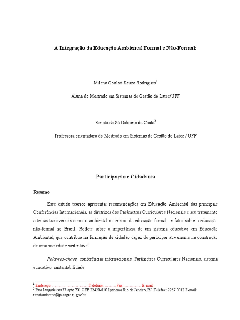 A Importância da Integração entre Educação Ambiental Formal e NãoFormal para a Formação de