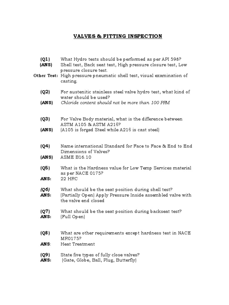 VALVES & FITTING EXAM (Question & Answer) PDF Valve Pipe (Fluid