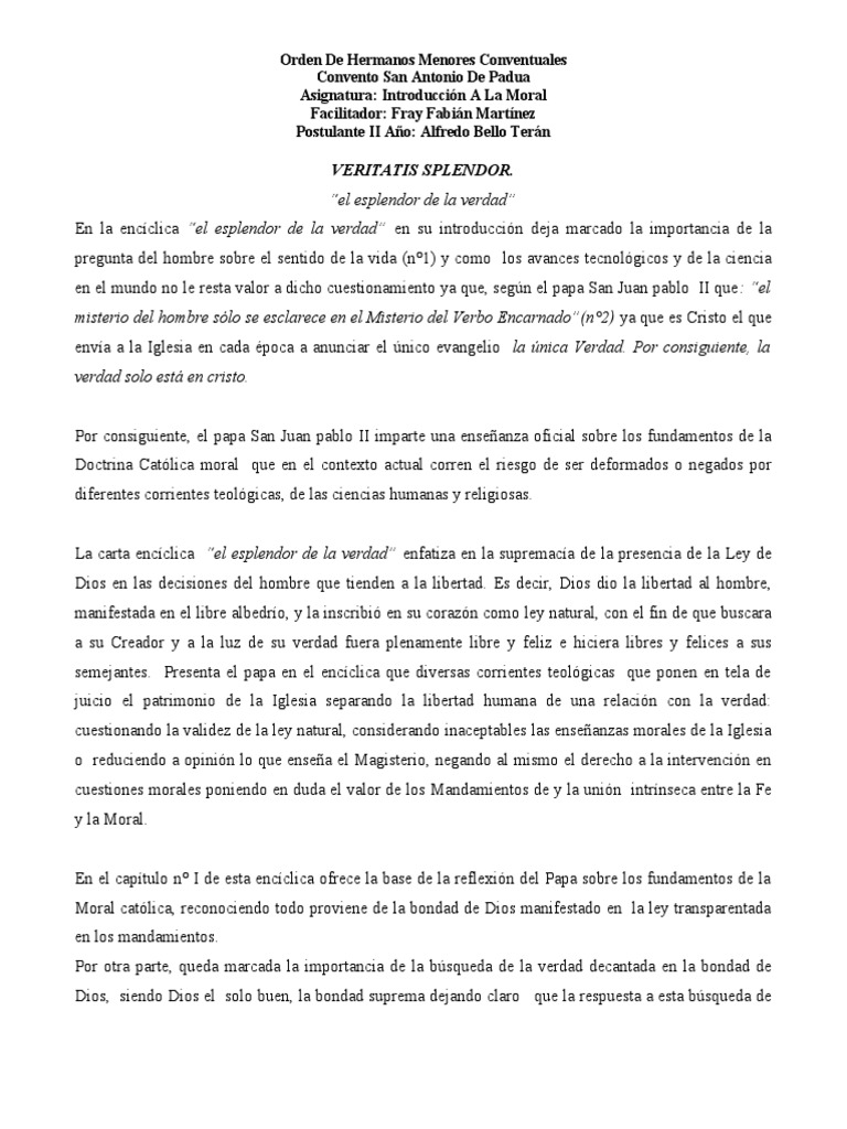 Veritatis Splendor: Moral y Libertad | PDF | Verdad | Iglesia Católica