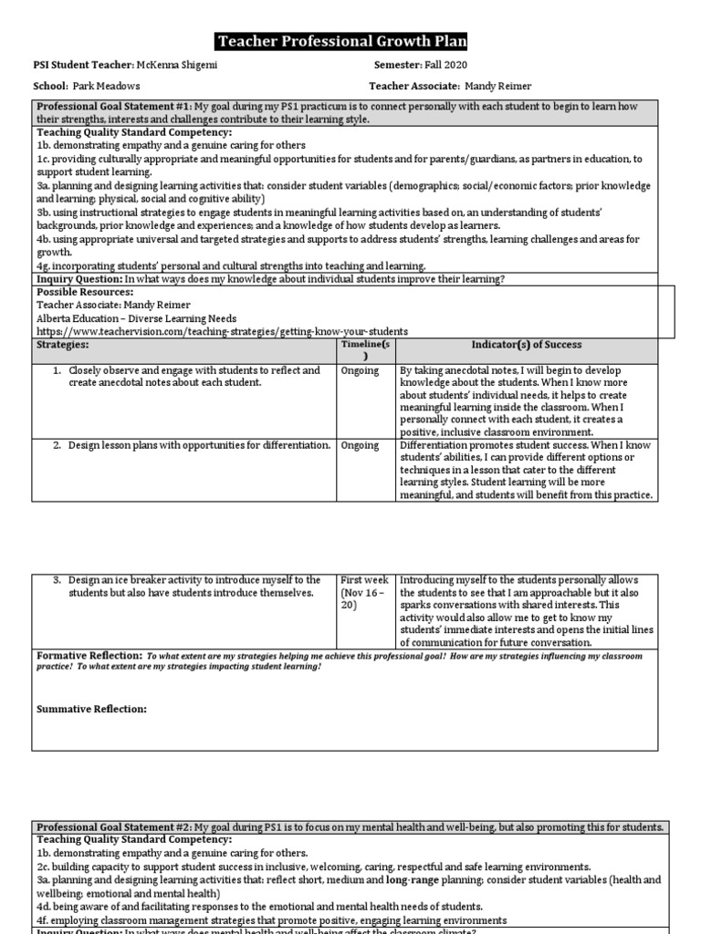 Teacher Professional Growth Plan Final PDF Lesson Plan Learning