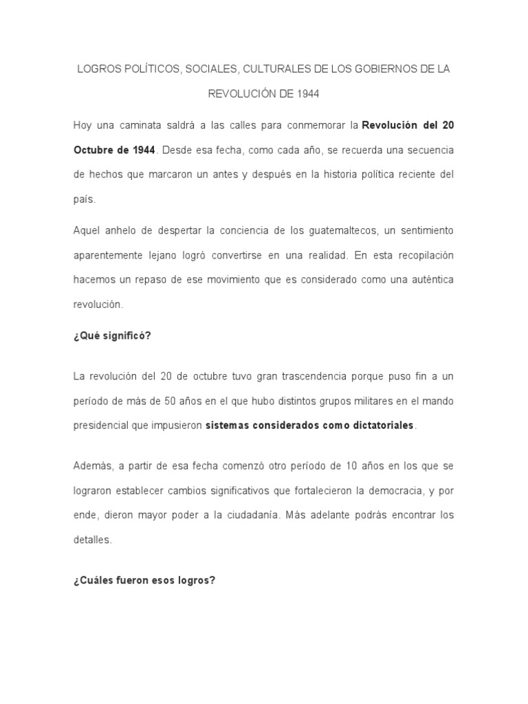 Logros de la Revolución de 1944 en Guatemala | PDF | Guatemala | Gobierno