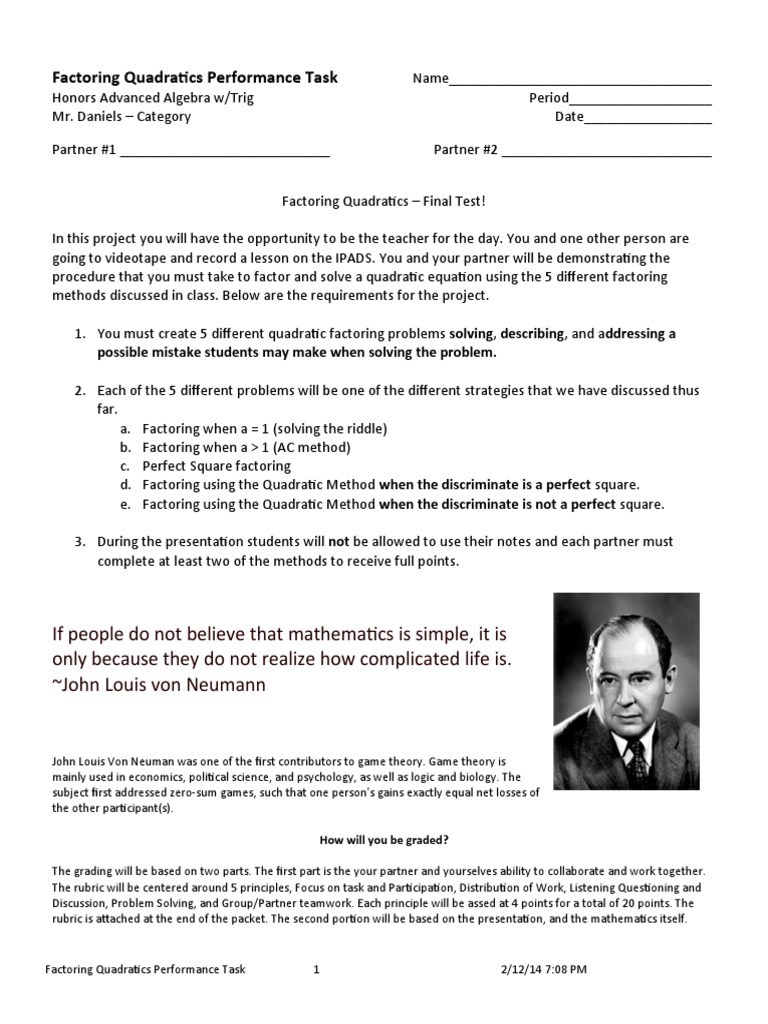 Factoring Quadratics Performance Task | PDF | Quadratic Equation ...