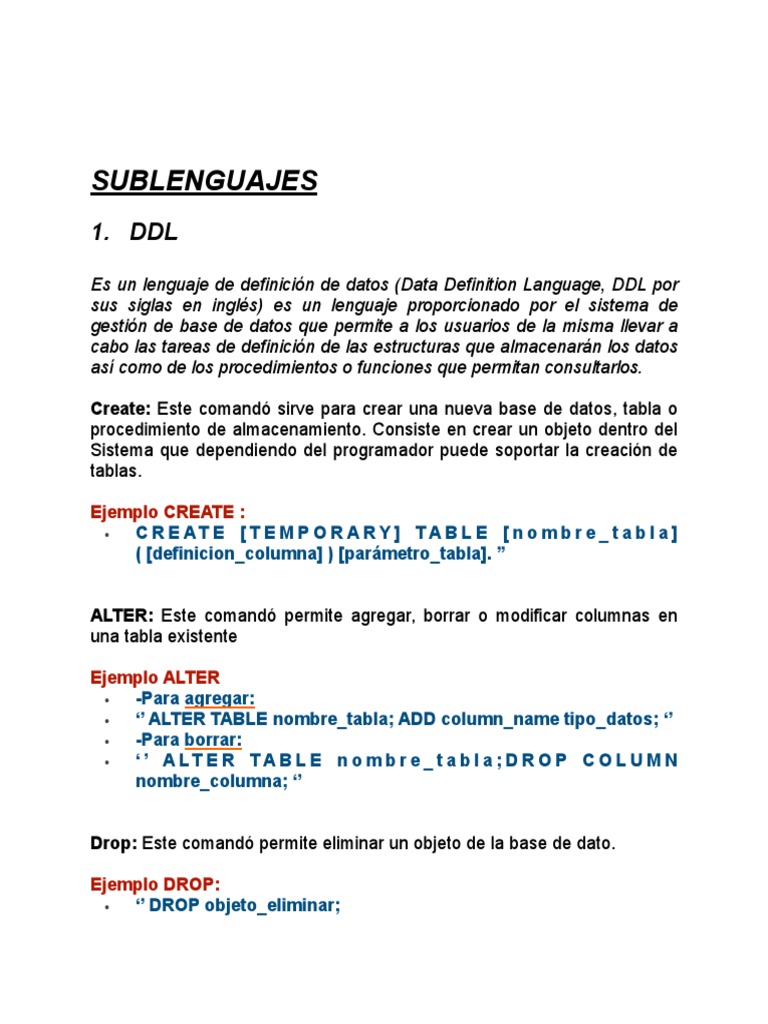 Ejemplos de DDL en SQL | PDF | Modelado científico | Gestión de ...