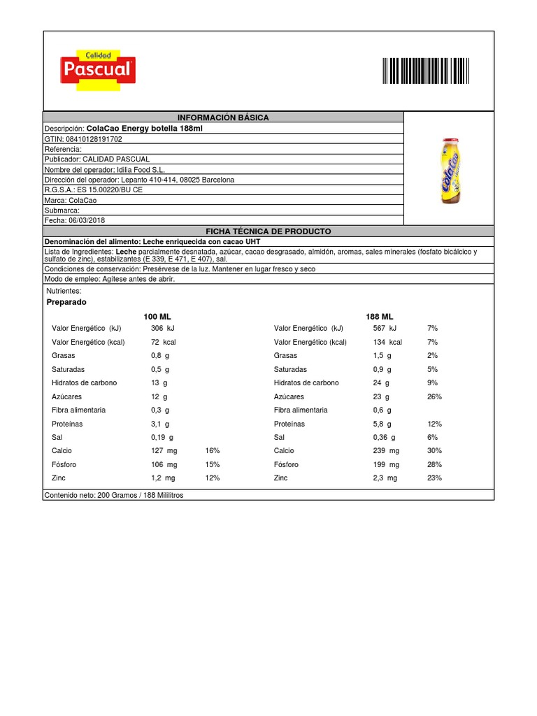 Calorías en Cola Cao Colacao 0% Fibra e Información Nutricional