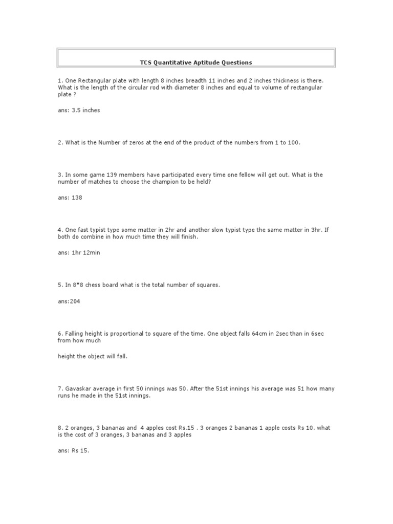 TCS Quantitative Aptitude Questions PDF Matrix (Mathematics) Speed