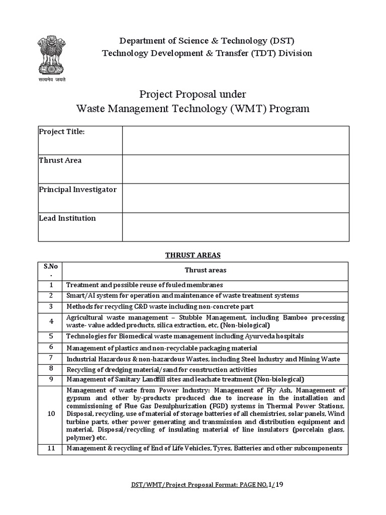 DST Project Proposal for Waste Management Technology Program PDF