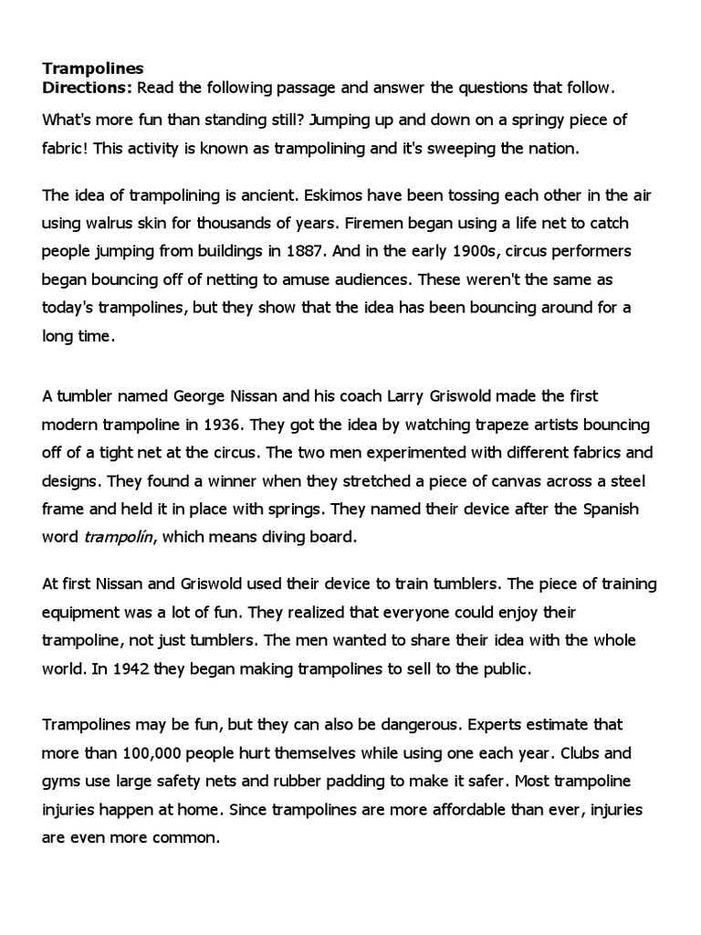 Trampolines Directions Read The Following Passage and Answer The Questions That Follow PDF
