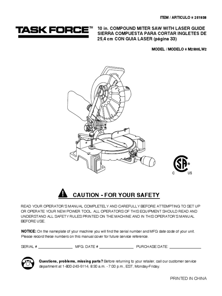Chop Saw 251938 M2500LW2 Task Force 10in Cmpd. Miter Saw PDF