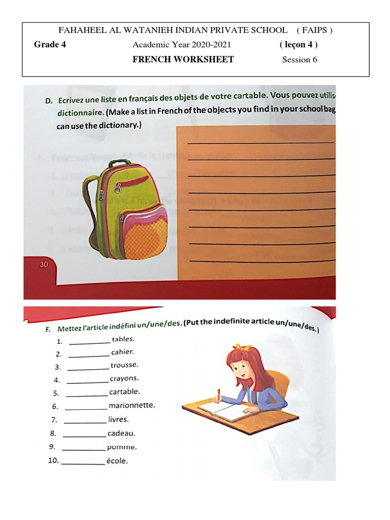 FAIPS Grade 4 French Worksheet 2020-21 | PDF