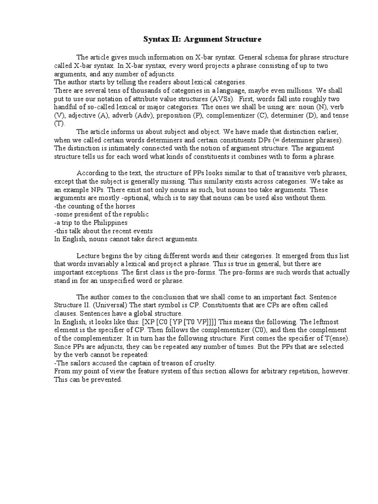X-bar Syntax: Argument Structure Explained | PDF | Noun | Phrase