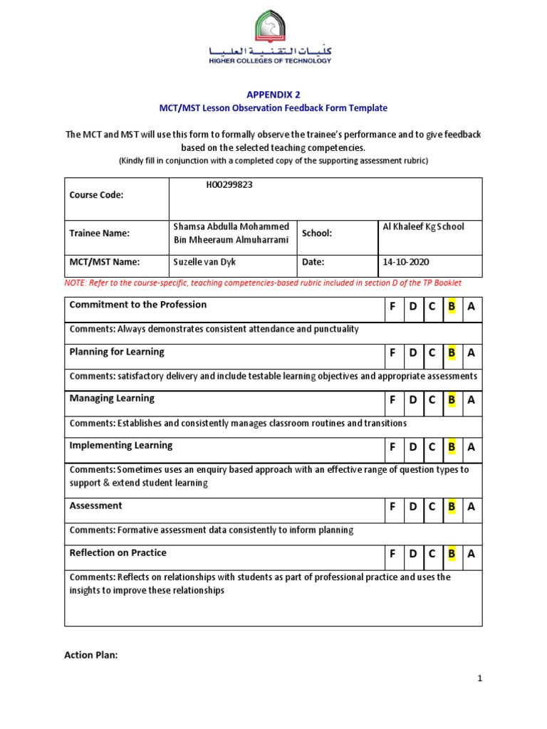 MCT/MST Lesson Observation Feedback Form | PDF | Lesson Plan ...
