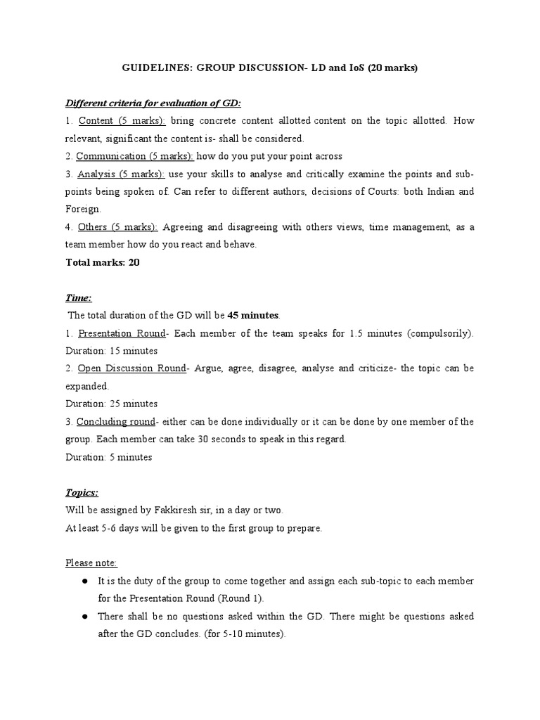 Different Criteria For Evaluation of GD Guidelines Group DiscussionLd and Ios (20 Marks) PDF