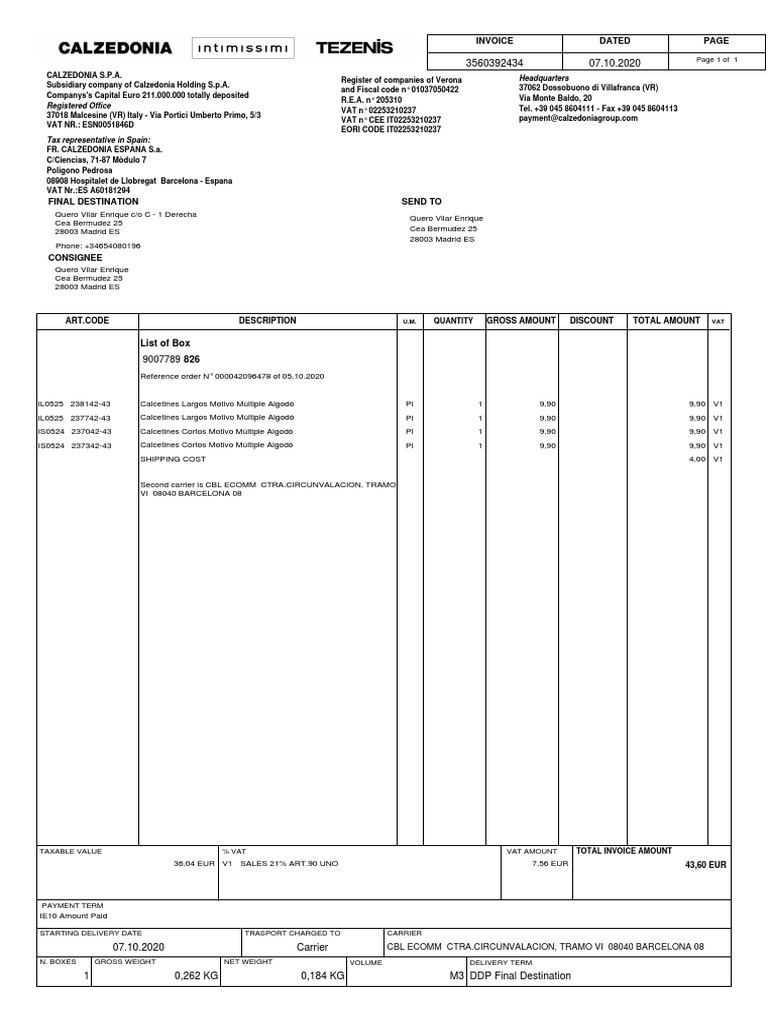 Invoice for Calzedonia Order 3560392434 | PDF | Value Added Tax | Taxation