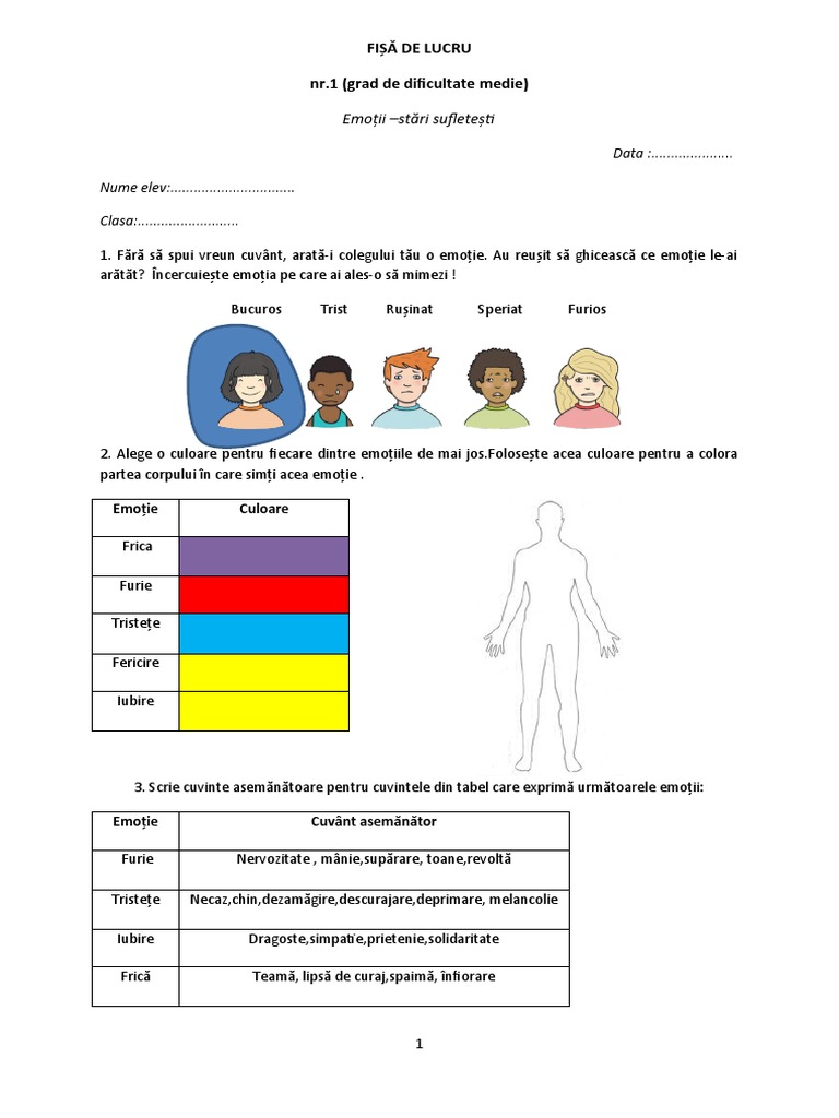 Fisa de Lucru Emotii - Rezolvată 1 | PDF