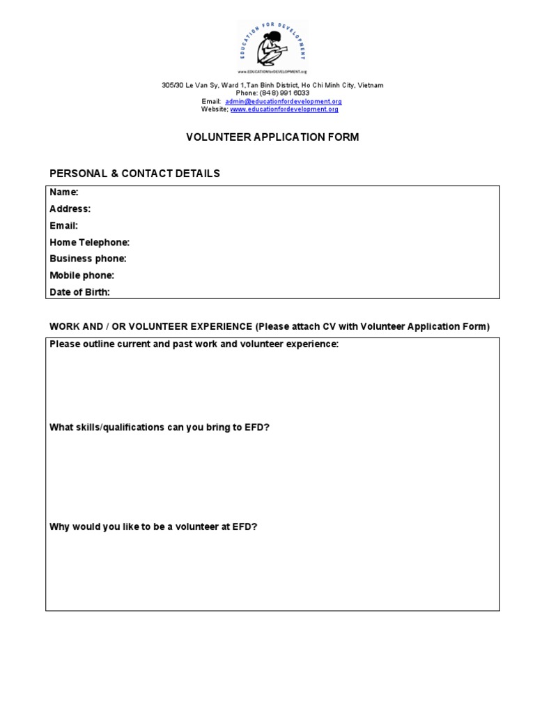 Volunteer Application Form for EFD | PDF | Volunteering | Communication
