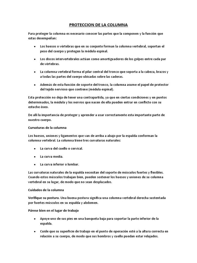 Protección y cuidados de la columna vertebral | PDF | La columna ...