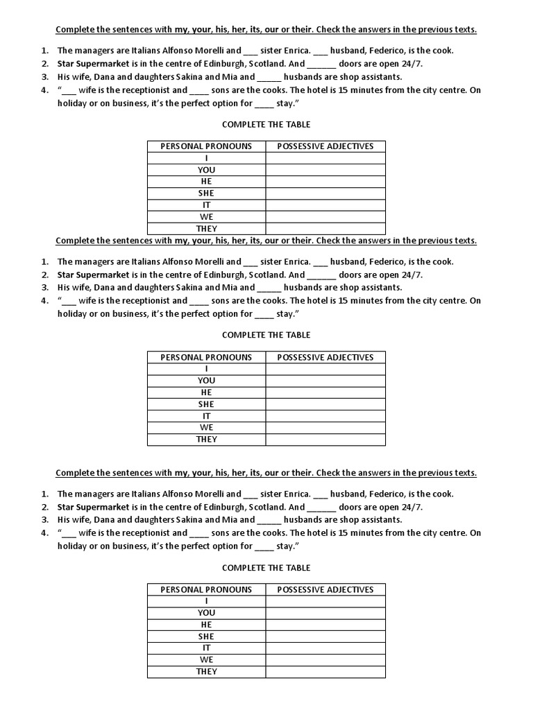 Possessive Adjectives Practice Exercise | PDF | Linguistic Typology ...