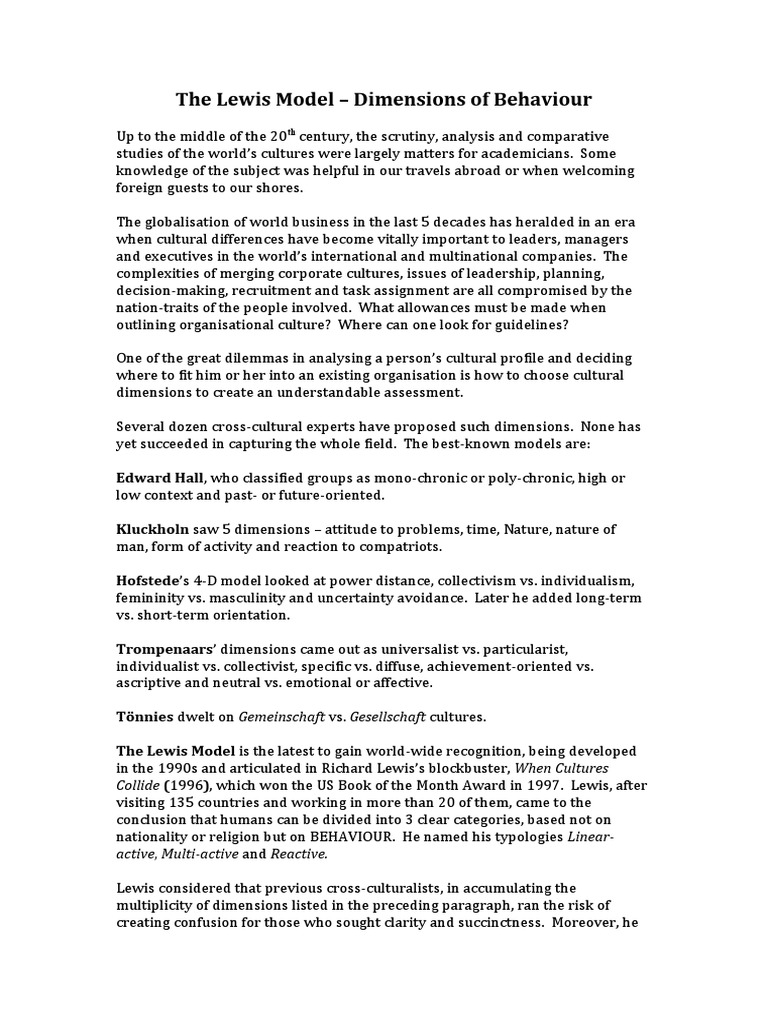 Description of Lewis Model | PDF | Behavioural Sciences | Psychology