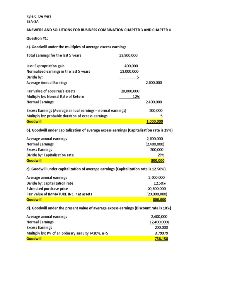 Answers and Solutions For Business Combination Chapter 3 and Chapter 4