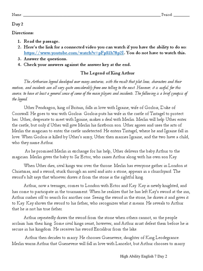 King Arthur Legend Study Guide | PDF | Chivalry | Arthurian Legend