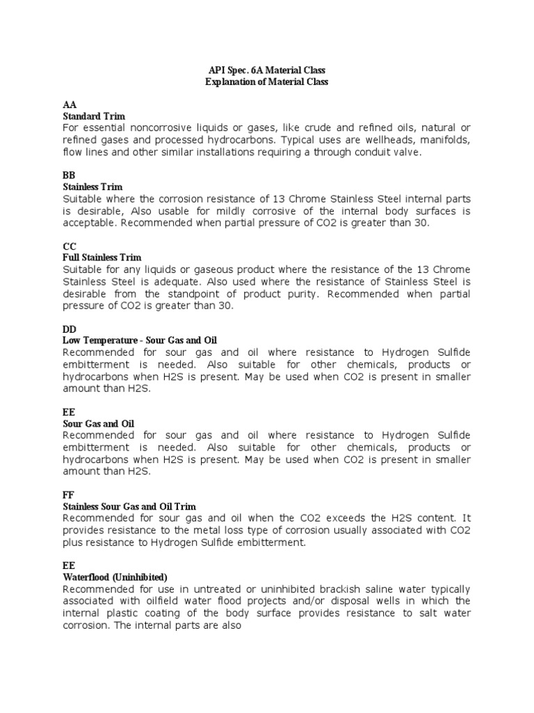 API Spec 6A Material Class Overview | PDF