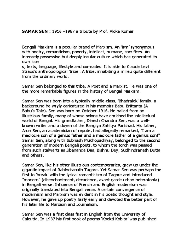 Samar Sen: A Bengali Marxist Poet's Legacy | PDF | Poetry